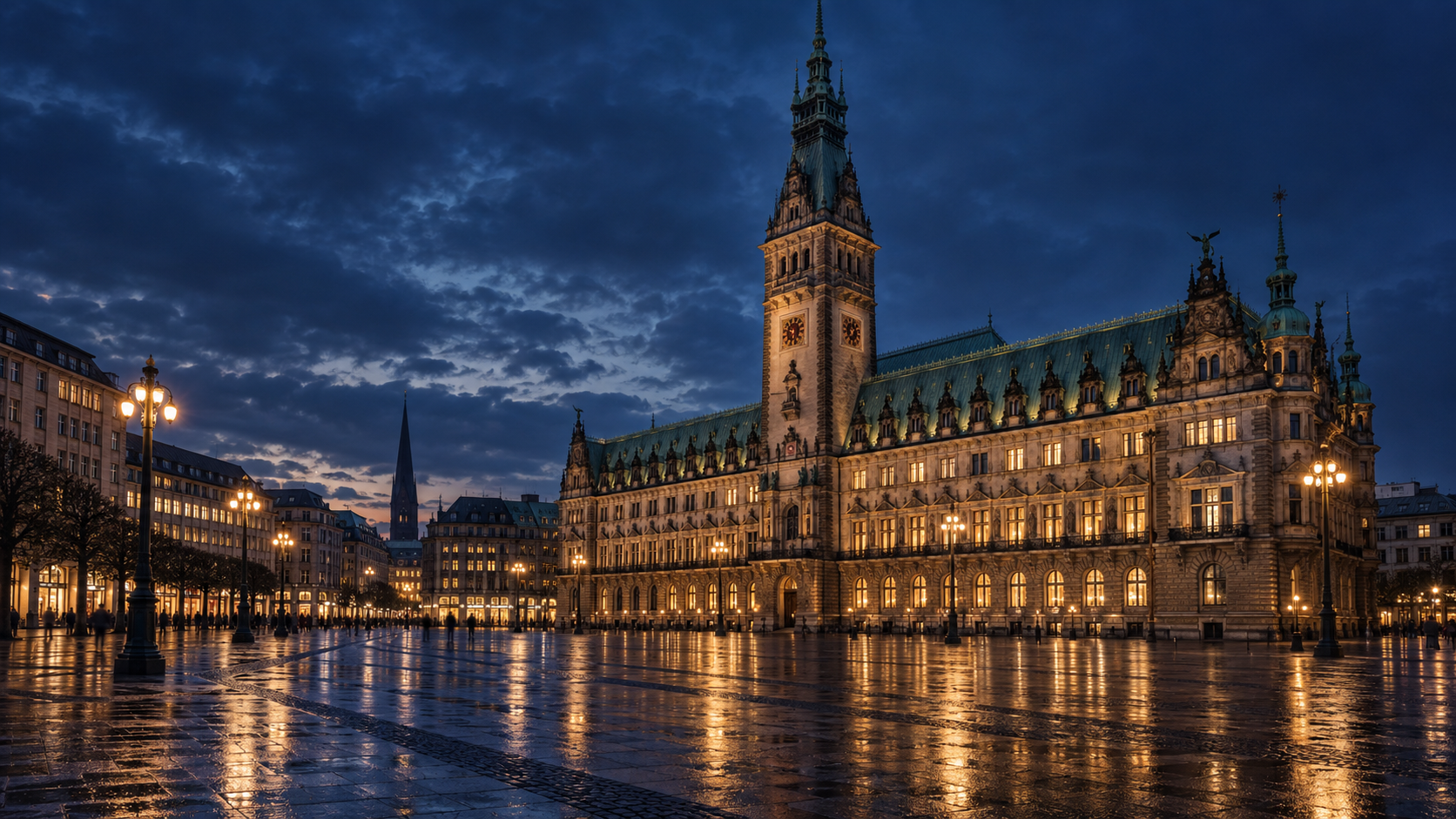 Hamburger Rathaus in der blauen Stunde